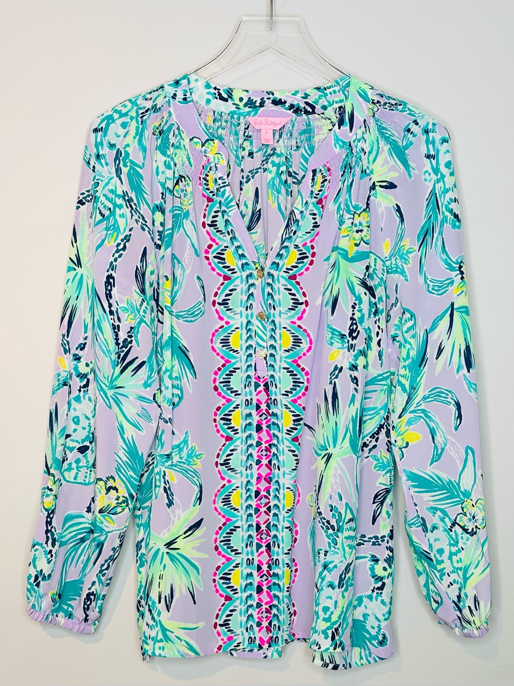 Lilly Pulitzer Elsa Lilac Green Print Silk Long Sleeve Blouse Shirt Top